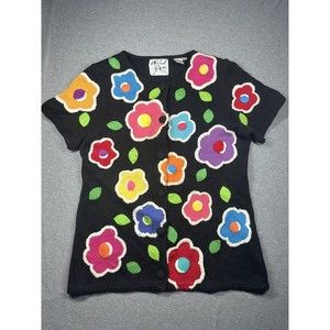 Michael Simon New York Sz L Black Short Sleeves  Sweater Women Knit Crochet 1997